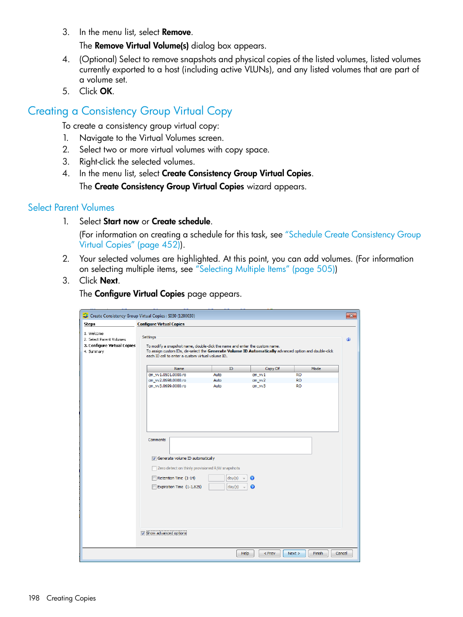 Creating a consistency group virtual copy, Select parent volumes | HP 3PAR Operating System Software User Manual | Page 198 / 524