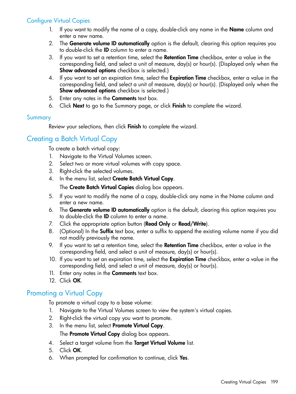 Configure virtual copies, Summary, Creating a batch virtual copy | Promoting a virtual copy, Configure virtual copies summary | HP 3PAR Operating System Software User Manual | Page 199 / 524