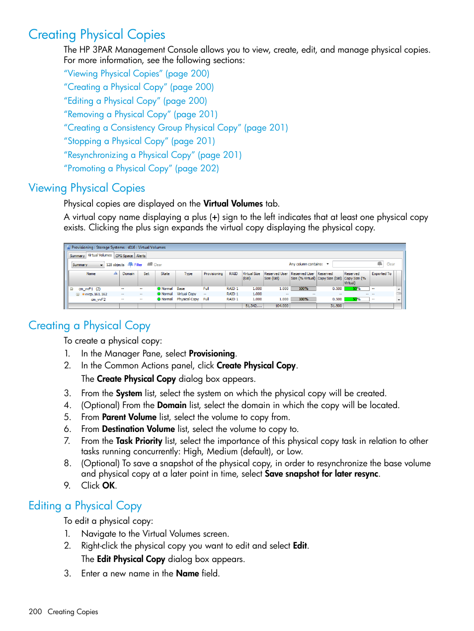 Creating physical copies, Viewing physical copies, Creating a physical copy | Editing a physical copy | HP 3PAR Operating System Software User Manual | Page 200 / 524