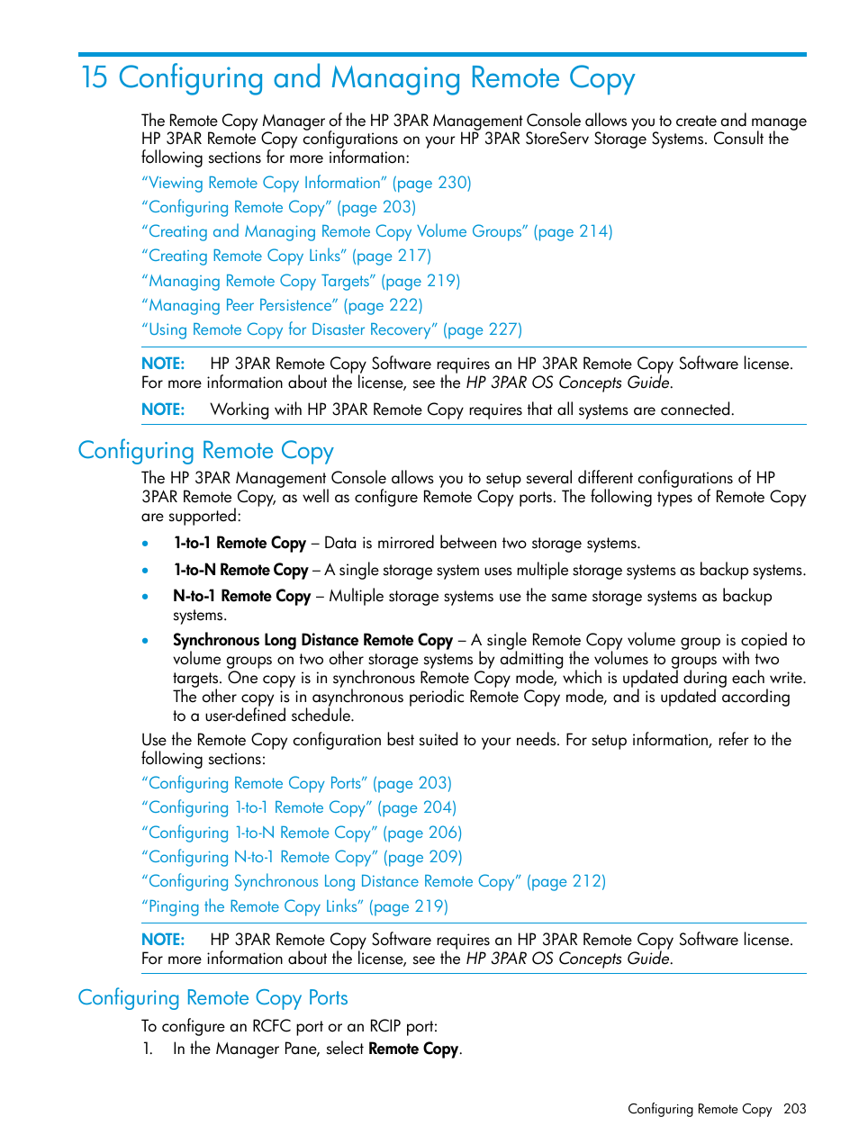 15 configuring and managing remote copy, Configuring remote copy, Configuring remote copy ports | HP 3PAR Operating System Software User Manual | Page 203 / 524