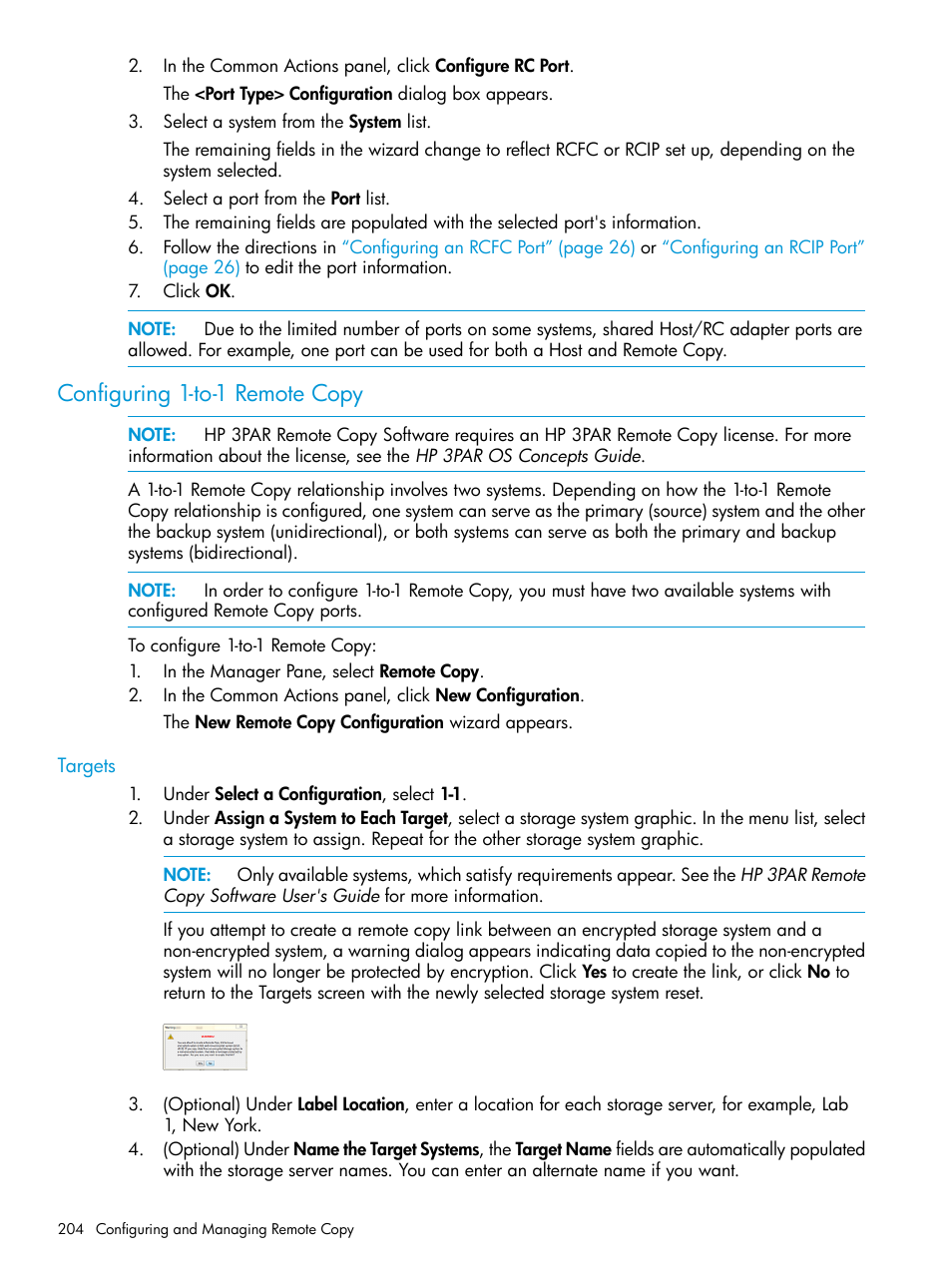 Configuring 1-to-1 remote copy, Targets | HP 3PAR Operating System Software User Manual | Page 204 / 524