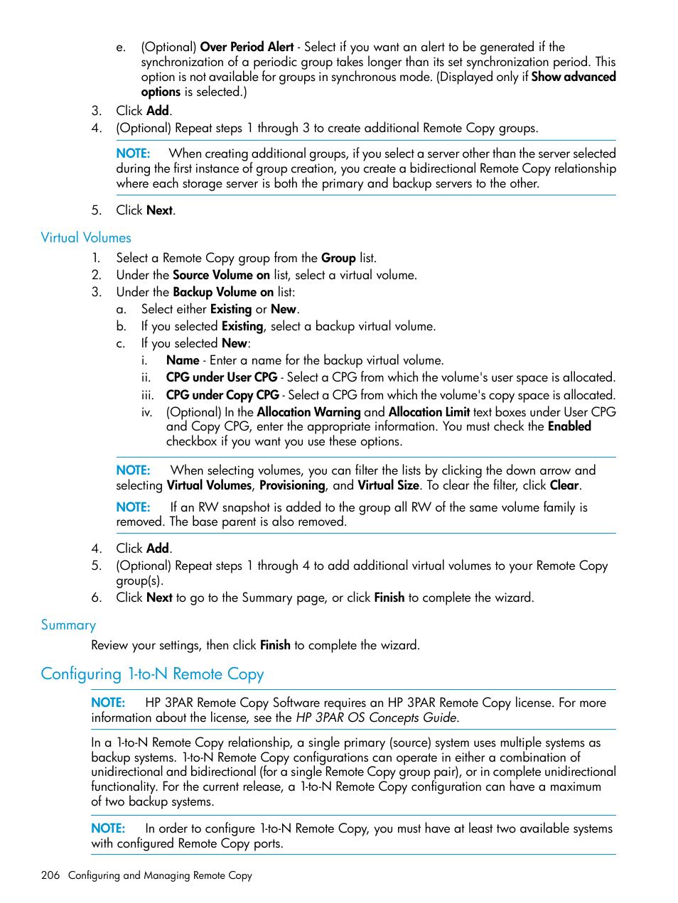 Virtual volumes, Summary, Configuring 1-to-n remote copy | Virtual volumes summary | HP 3PAR Operating System Software User Manual | Page 206 / 524