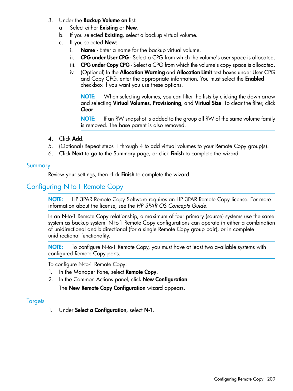 Summary, Configuring n-to-1 remote copy, Targets | HP 3PAR Operating System Software User Manual | Page 209 / 524