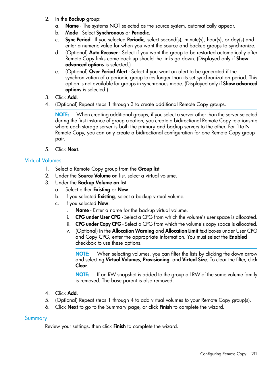 Virtual volumes, Summary, Virtual volumes summary | HP 3PAR Operating System Software User Manual | Page 211 / 524