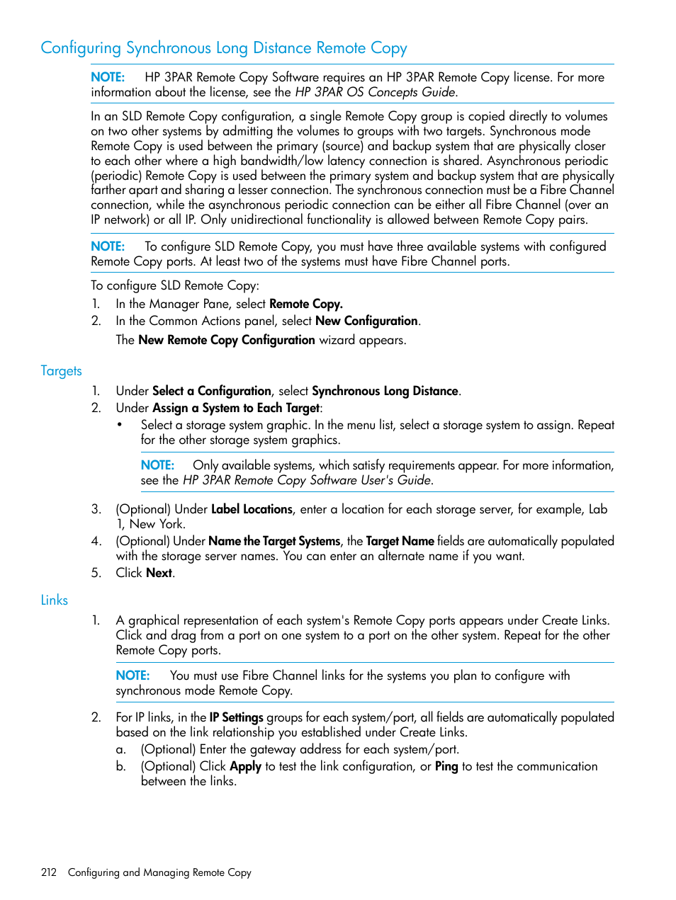 Configuring synchronous long distance remote copy, Targets, Links | Targets links | HP 3PAR Operating System Software User Manual | Page 212 / 524