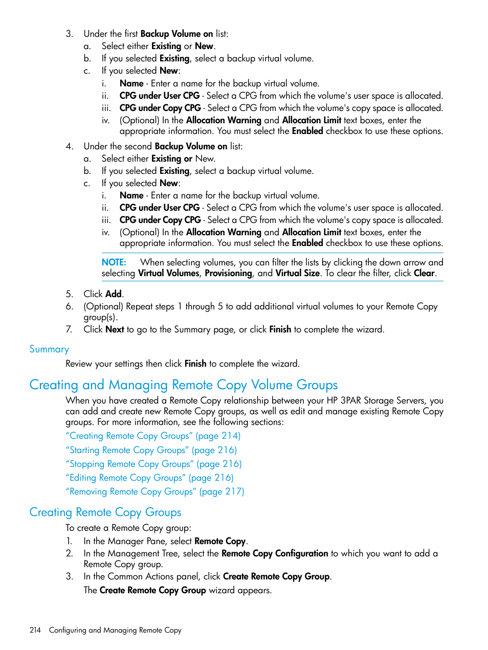 Summary, Creating and managing remote copy volume groups, Creating remote copy groups | HP 3PAR Operating System Software User Manual | Page 214 / 524