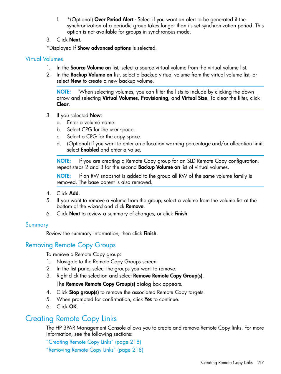 Virtual volumes, Summary, Removing remote copy groups | Creating remote copy links, Virtual volumes summary | HP 3PAR Operating System Software User Manual | Page 217 / 524