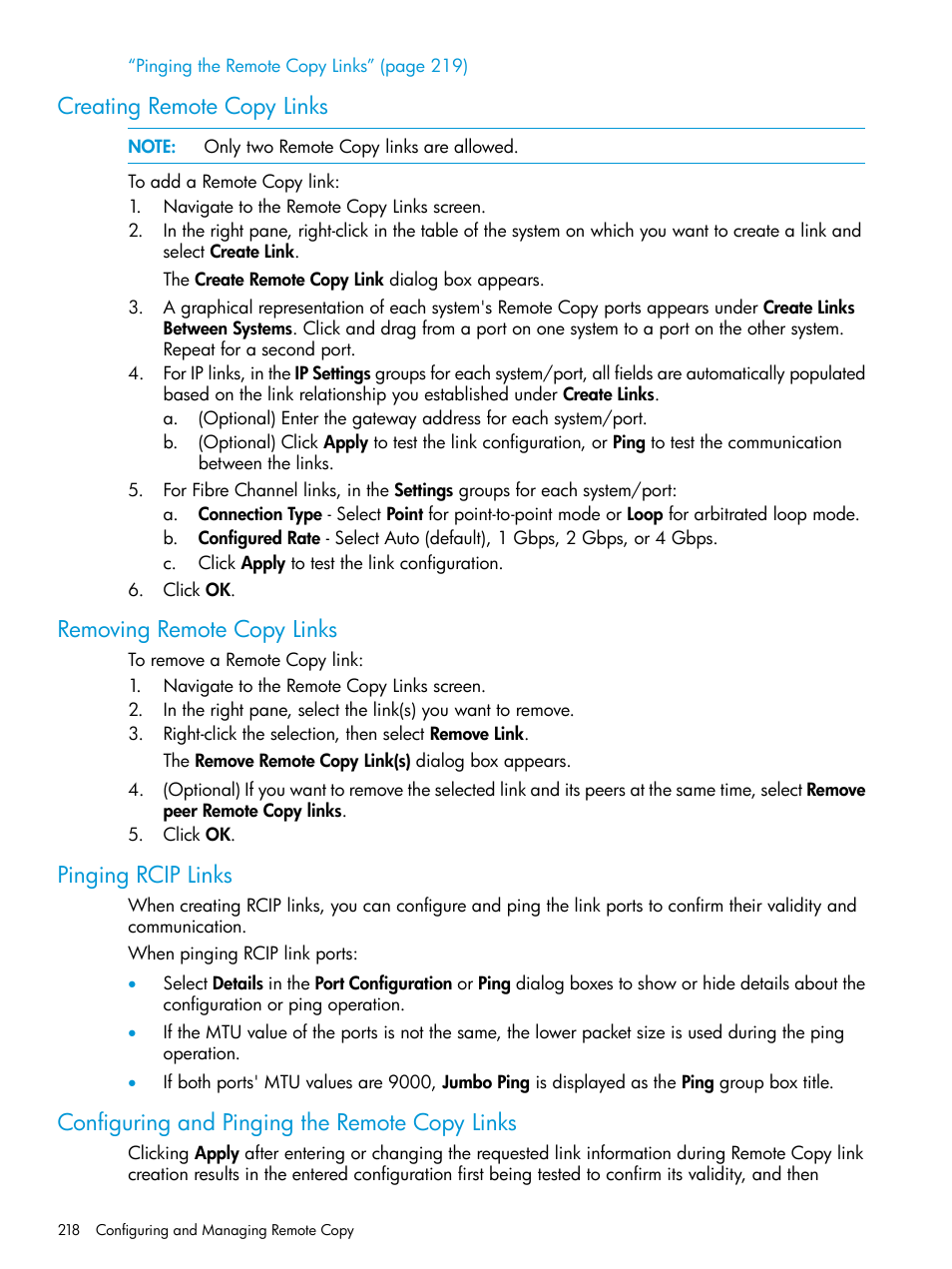 Creating remote copy links, Removing remote copy links, Pinging rcip links | Configuring and pinging the remote copy links | HP 3PAR Operating System Software User Manual | Page 218 / 524