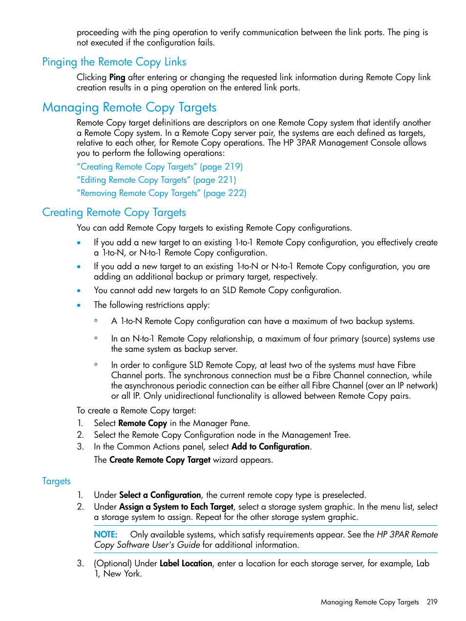 Pinging the remote copy links, Managing remote copy targets, Creating remote copy targets | Targets | HP 3PAR Operating System Software User Manual | Page 219 / 524