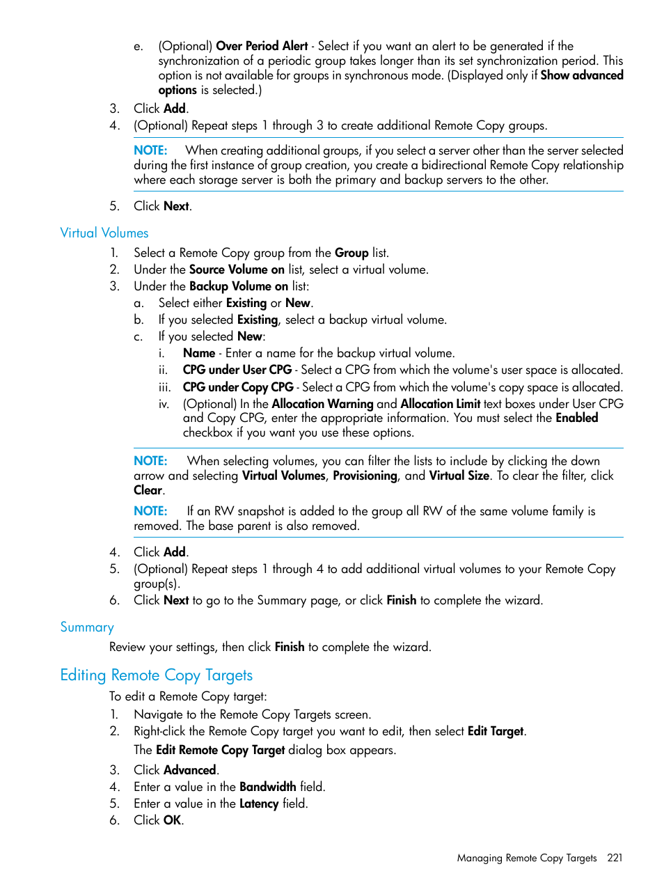 Virtual volumes, Summary, Editing remote copy targets | Virtual volumes summary | HP 3PAR Operating System Software User Manual | Page 221 / 524