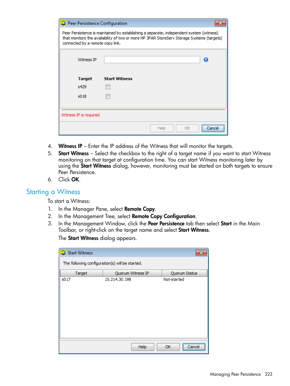 Starting a witness | HP 3PAR Operating System Software User Manual | Page 223 / 524