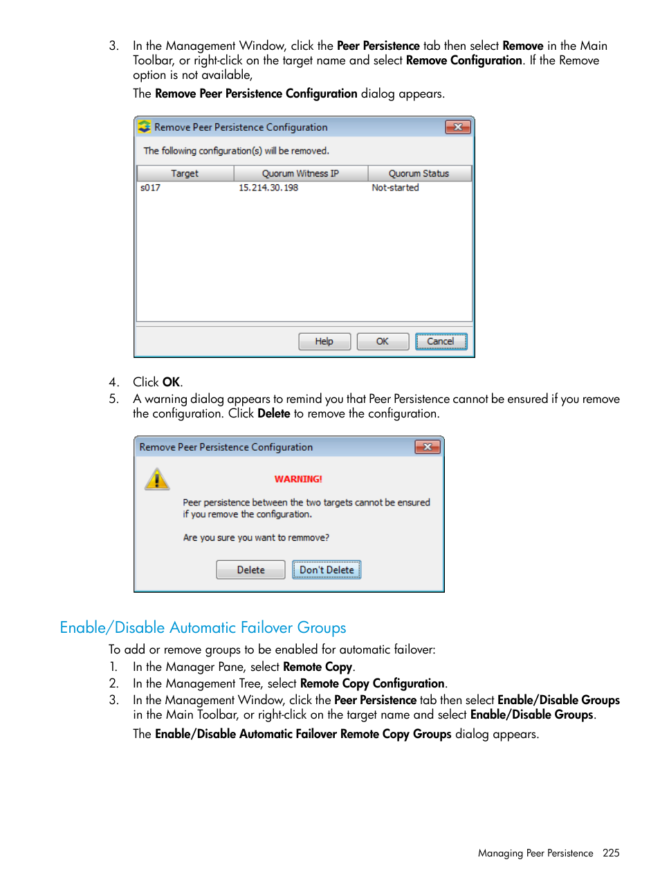 Enable/disable automatic failover groups | HP 3PAR Operating System Software User Manual | Page 225 / 524