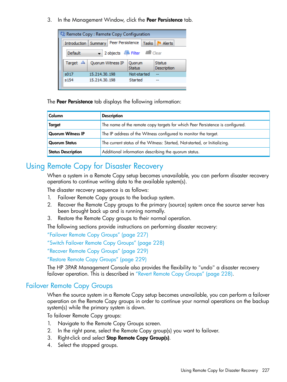 Using remote copy for disaster recovery, Failover remote copy groups | HP 3PAR Operating System Software User Manual | Page 227 / 524