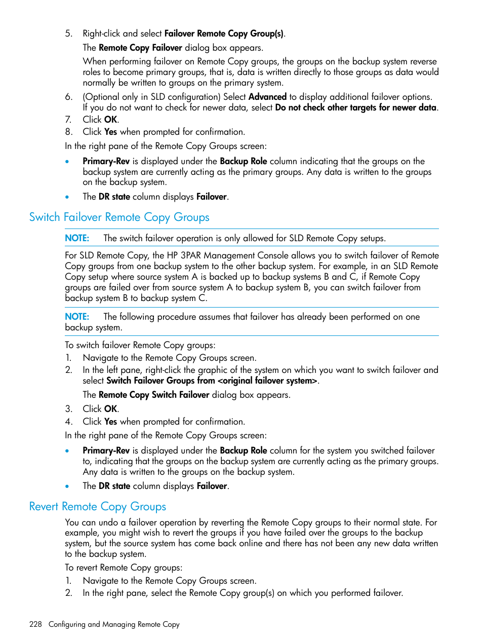 Switch failover remote copy groups, Revert remote copy groups | HP 3PAR Operating System Software User Manual | Page 228 / 524