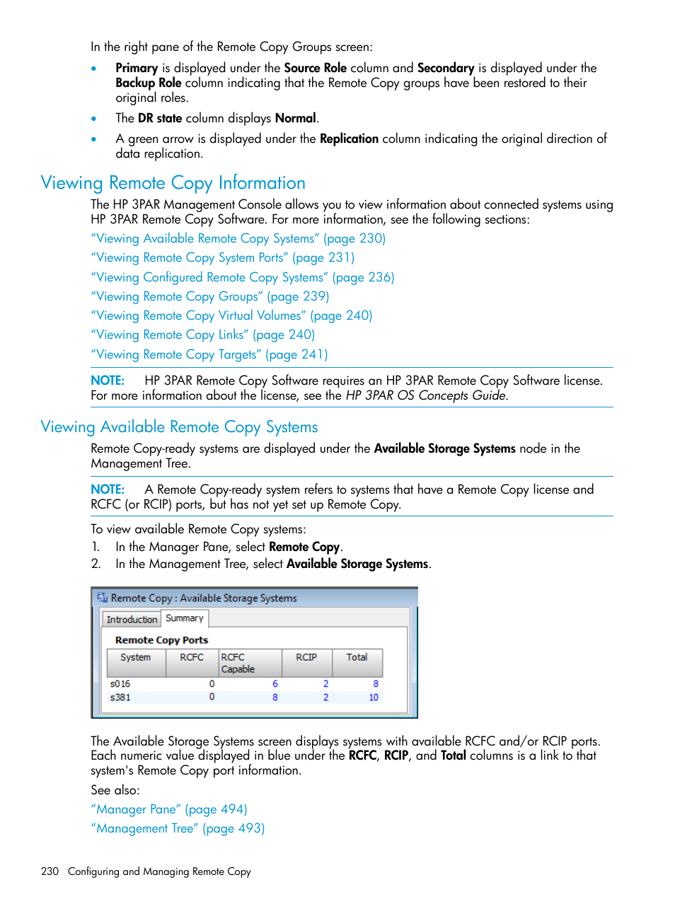 Viewing remote copy information, Viewing available remote copy systems | HP 3PAR Operating System Software User Manual | Page 230 / 524