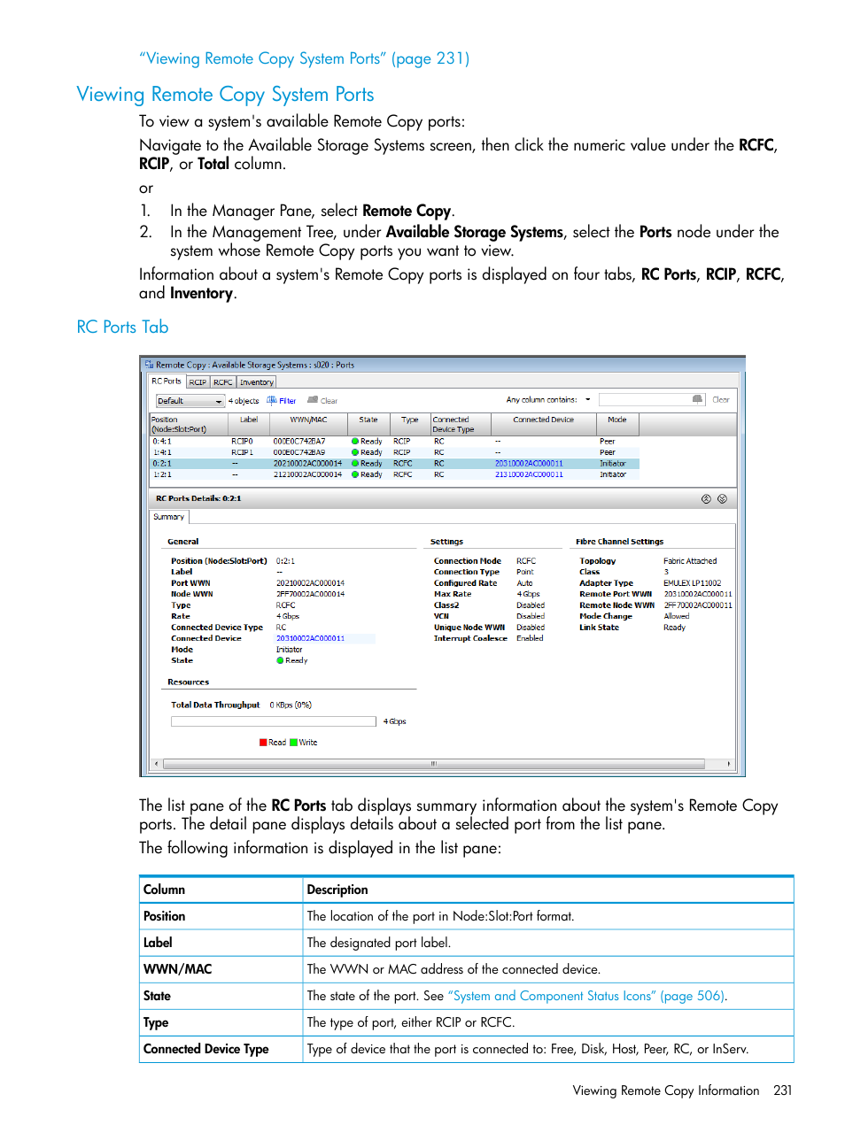 Viewing remote copy system ports, Rc ports tab | HP 3PAR Operating System Software User Manual | Page 231 / 524