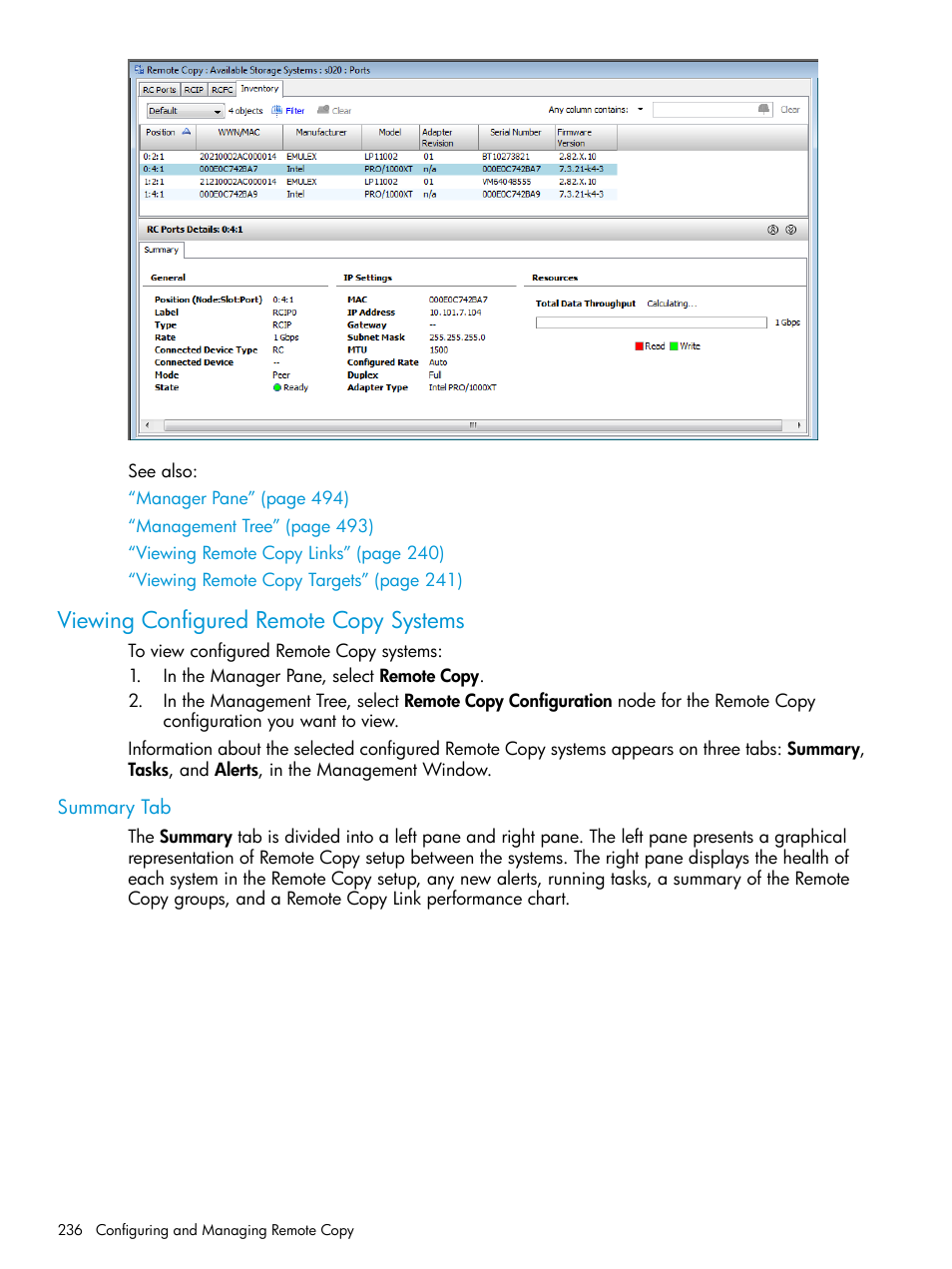 Viewing configured remote copy systems, Summary tab | HP 3PAR Operating System Software User Manual | Page 236 / 524