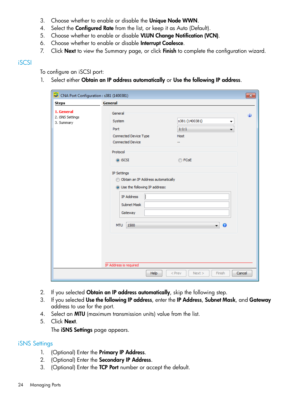 Iscsi, Isns settings, Iscsi isns settings | HP 3PAR Operating System Software User Manual | Page 24 / 524