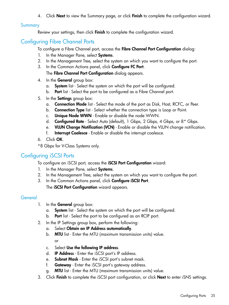 Summary, Configuring fibre channel ports, Configuring iscsi ports | General | HP 3PAR Operating System Software User Manual | Page 25 / 524
