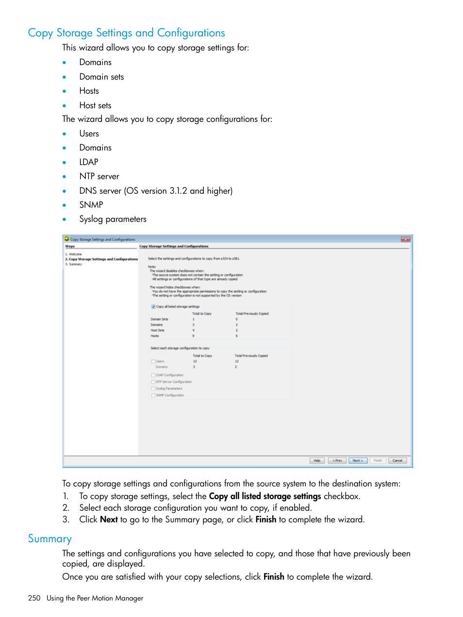 Copy storage settings and configurations, Summary, Copy storage settings and configurations summary | HP 3PAR Operating System Software User Manual | Page 250 / 524