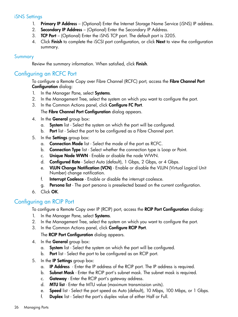 Isns settings, Summary, Configuring an rcfc port | Configuring an rcip port, Isns settings summary, Configuring an rcfc port configuring an rcip port | HP 3PAR Operating System Software User Manual | Page 26 / 524