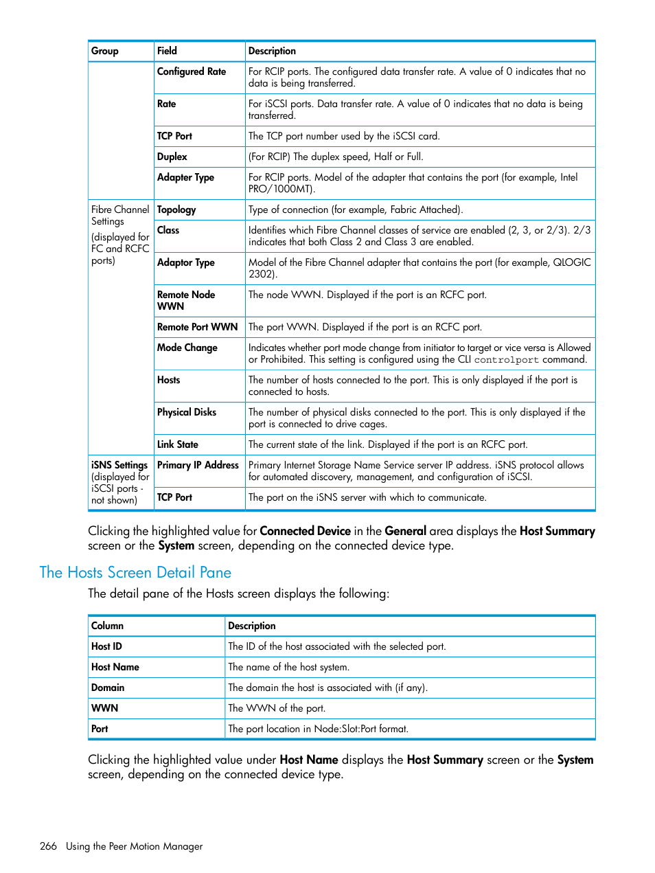 The hosts screen detail pane | HP 3PAR Operating System Software User Manual | Page 266 / 524