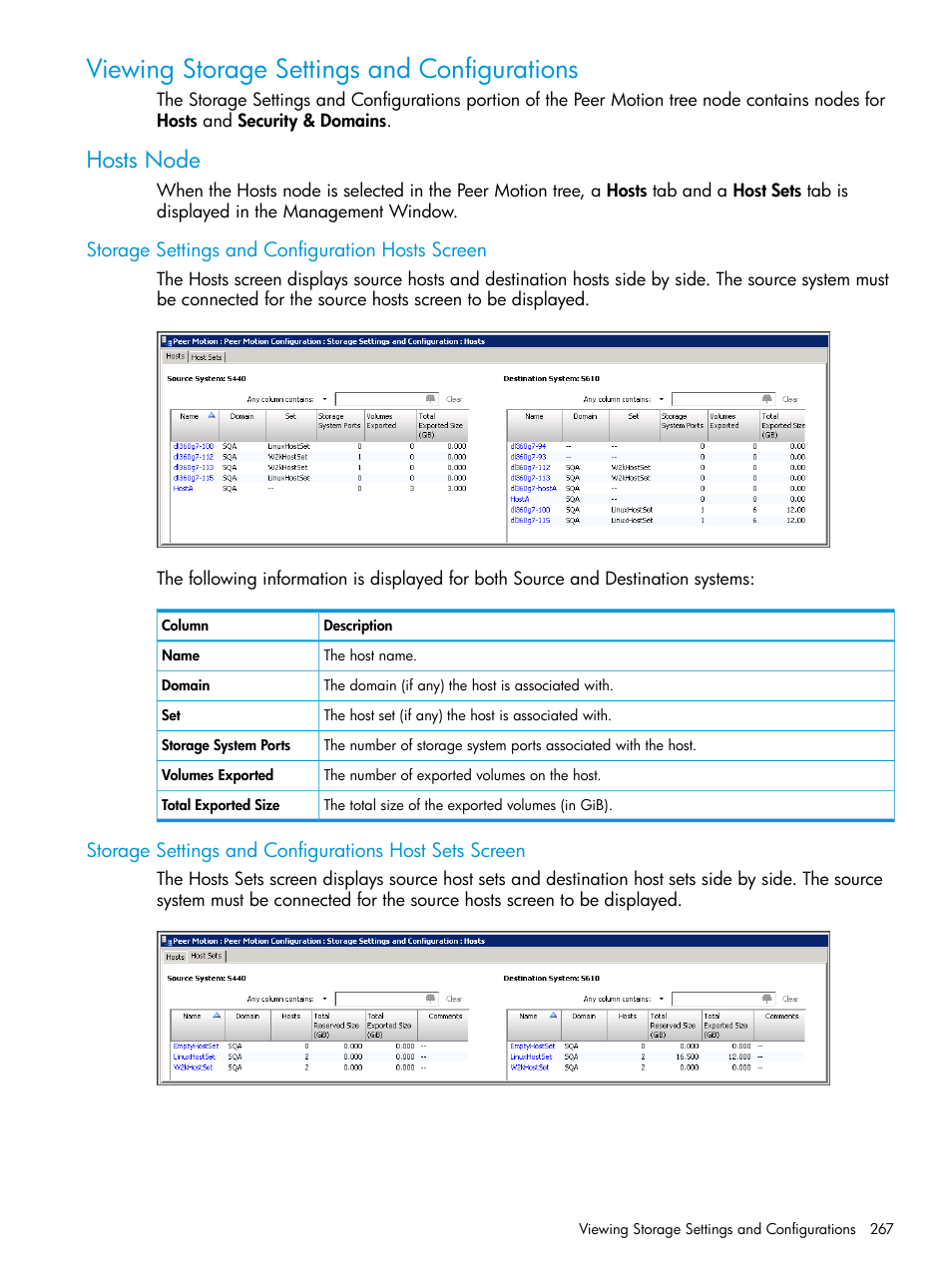 Viewing storage settings and configurations, Hosts node, Storage settings and configuration hosts screen | HP 3PAR Operating System Software User Manual | Page 267 / 524