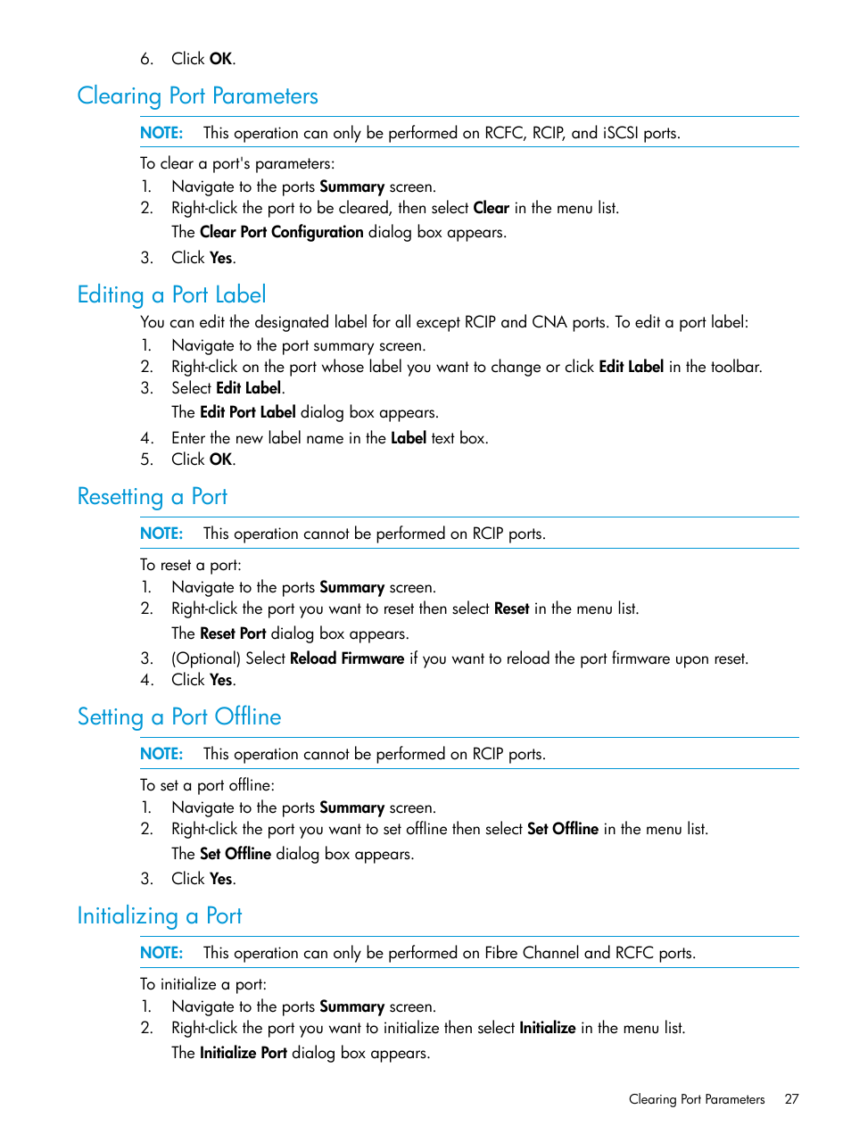 Clearing port parameters, Editing a port label, Resetting a port | Setting a port offline, Initializing a port | HP 3PAR Operating System Software User Manual | Page 27 / 524