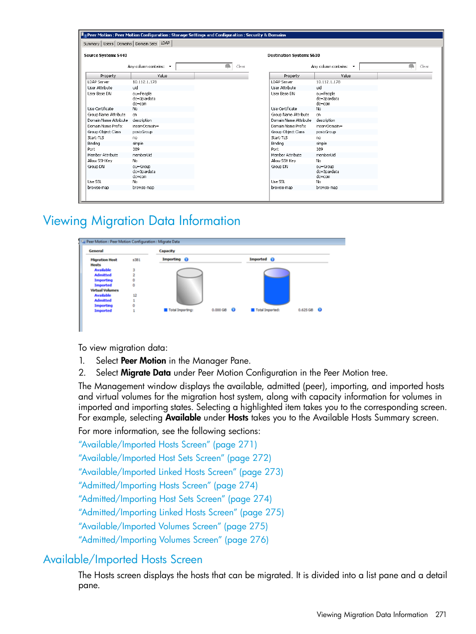 Viewing migration data information, Available/imported hosts screen | HP 3PAR Operating System Software User Manual | Page 271 / 524