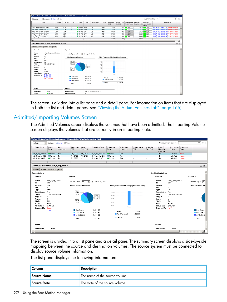 Admitted/importing volumes screen | HP 3PAR Operating System Software User Manual | Page 276 / 524