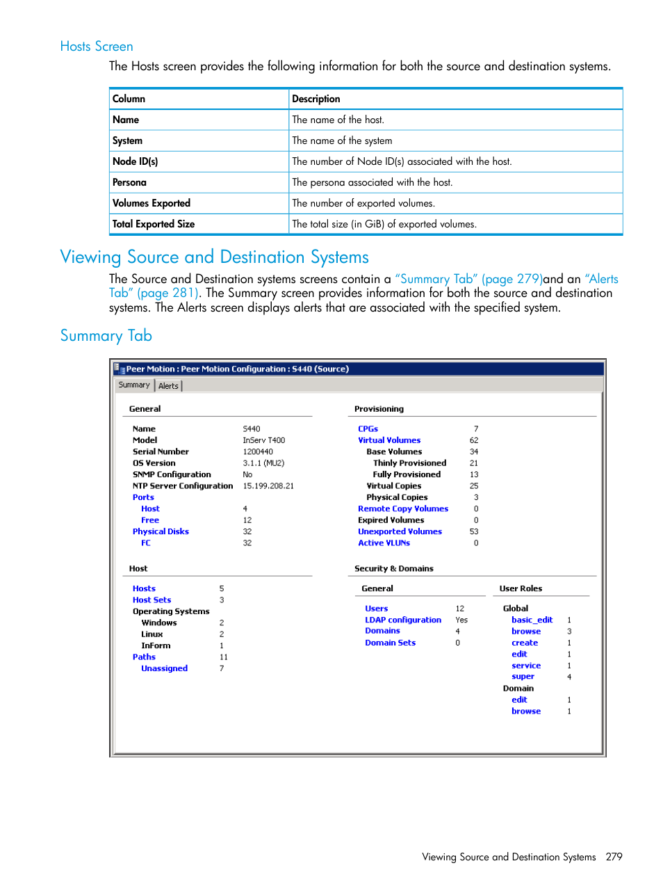 Hosts screen, Viewing source and destination systems, Summary tab | HP 3PAR Operating System Software User Manual | Page 279 / 524