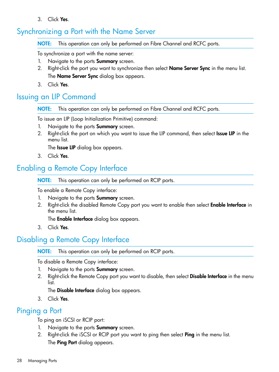 Synchronizing a port with the name server, Issuing an lip command, Enabling a remote copy interface | Disabling a remote copy interface, Pinging a port | HP 3PAR Operating System Software User Manual | Page 28 / 524