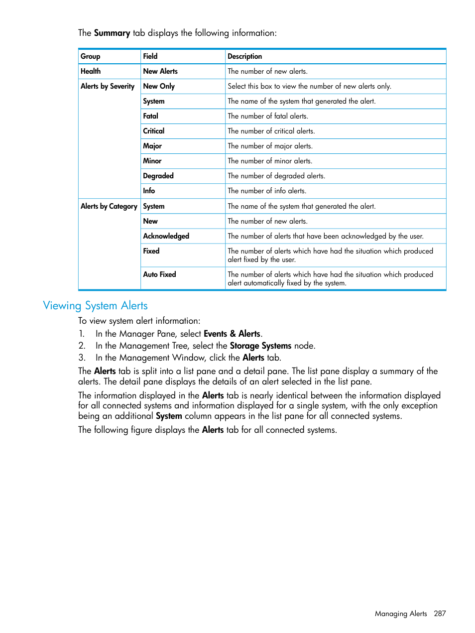 Viewing system alerts | HP 3PAR Operating System Software User Manual | Page 287 / 524