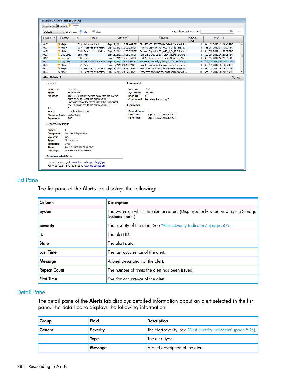 List pane, Detail pane, List pane detail pane | HP 3PAR Operating System Software User Manual | Page 288 / 524