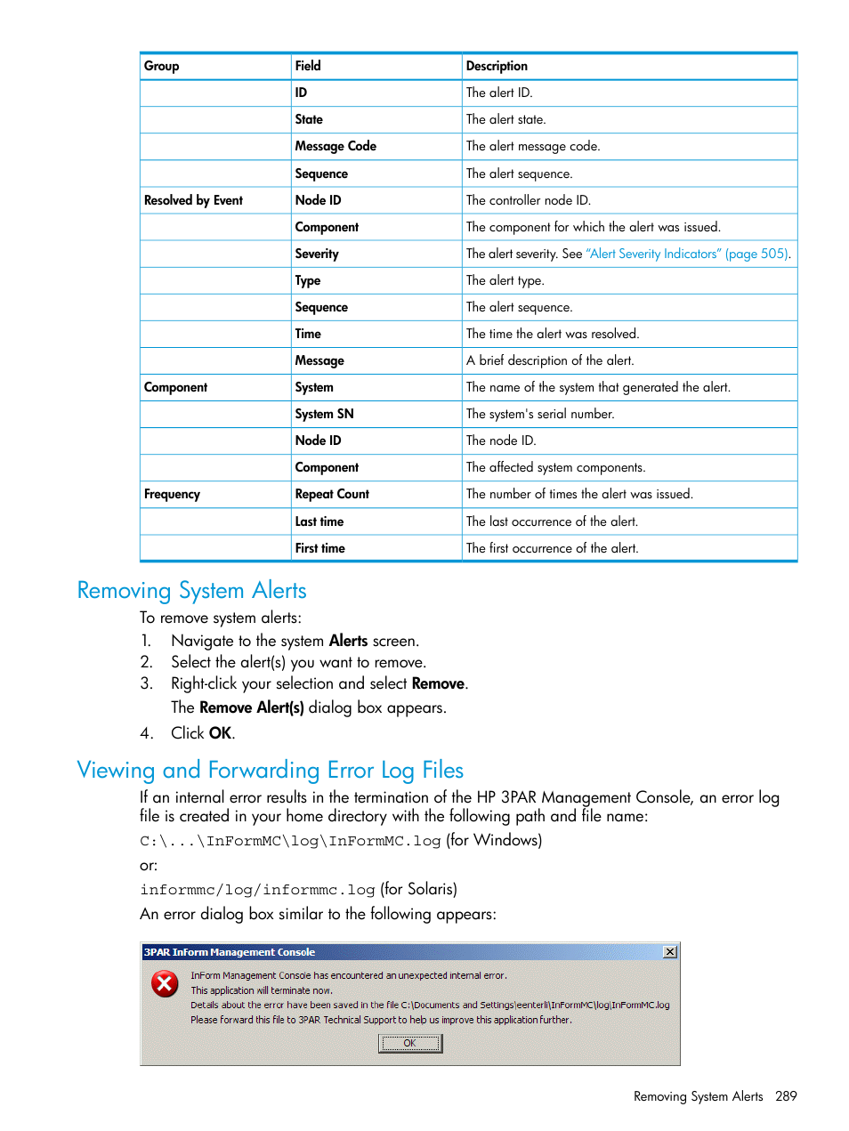 Removing system alerts, Viewing and forwarding error log files | HP 3PAR Operating System Software User Manual | Page 289 / 524