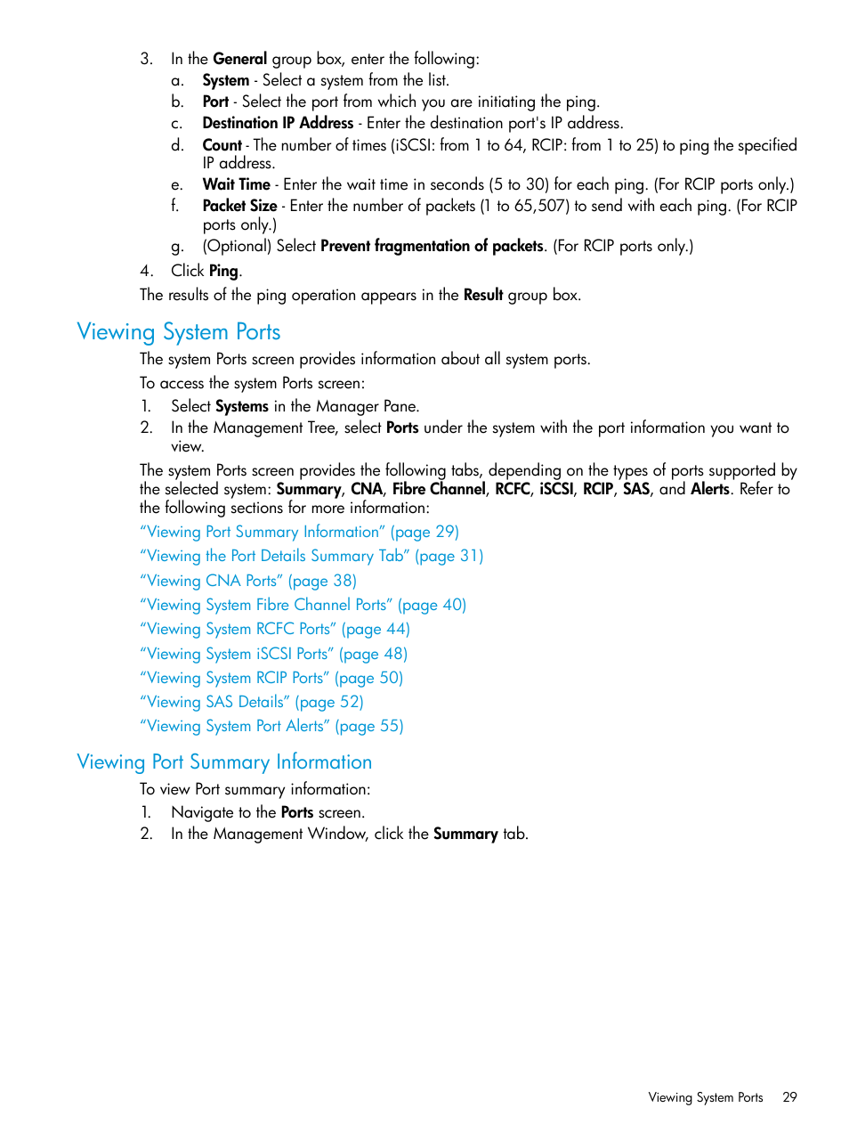 Viewing system ports, Viewing port summary information | HP 3PAR Operating System Software User Manual | Page 29 / 524