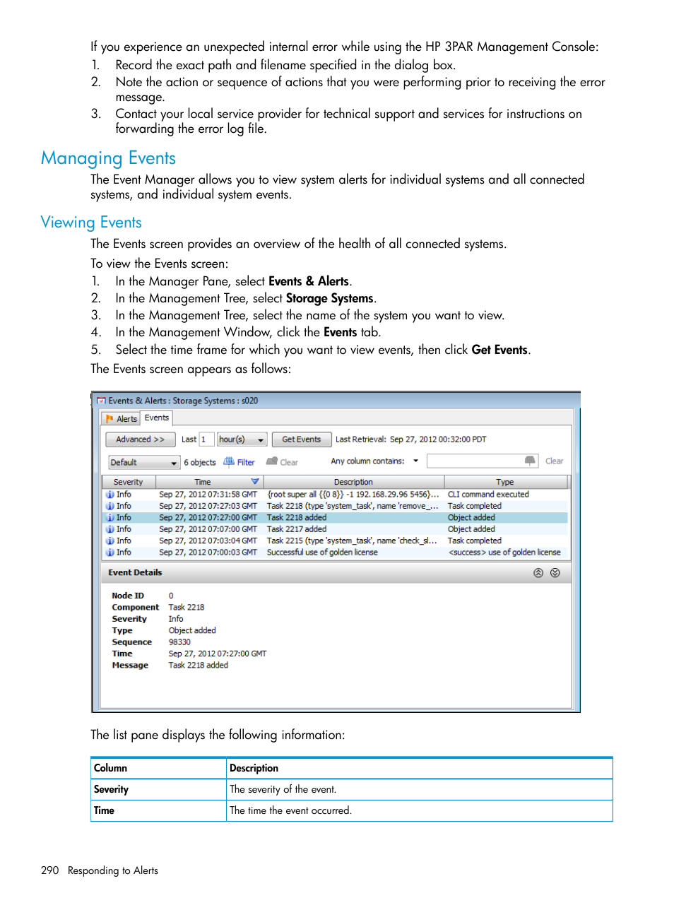 Managing events, Viewing events | HP 3PAR Operating System Software User Manual | Page 290 / 524