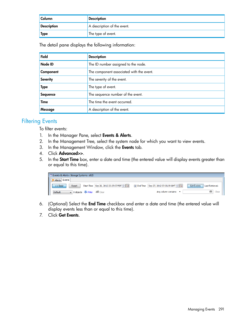 Filtering events | HP 3PAR Operating System Software User Manual | Page 291 / 524