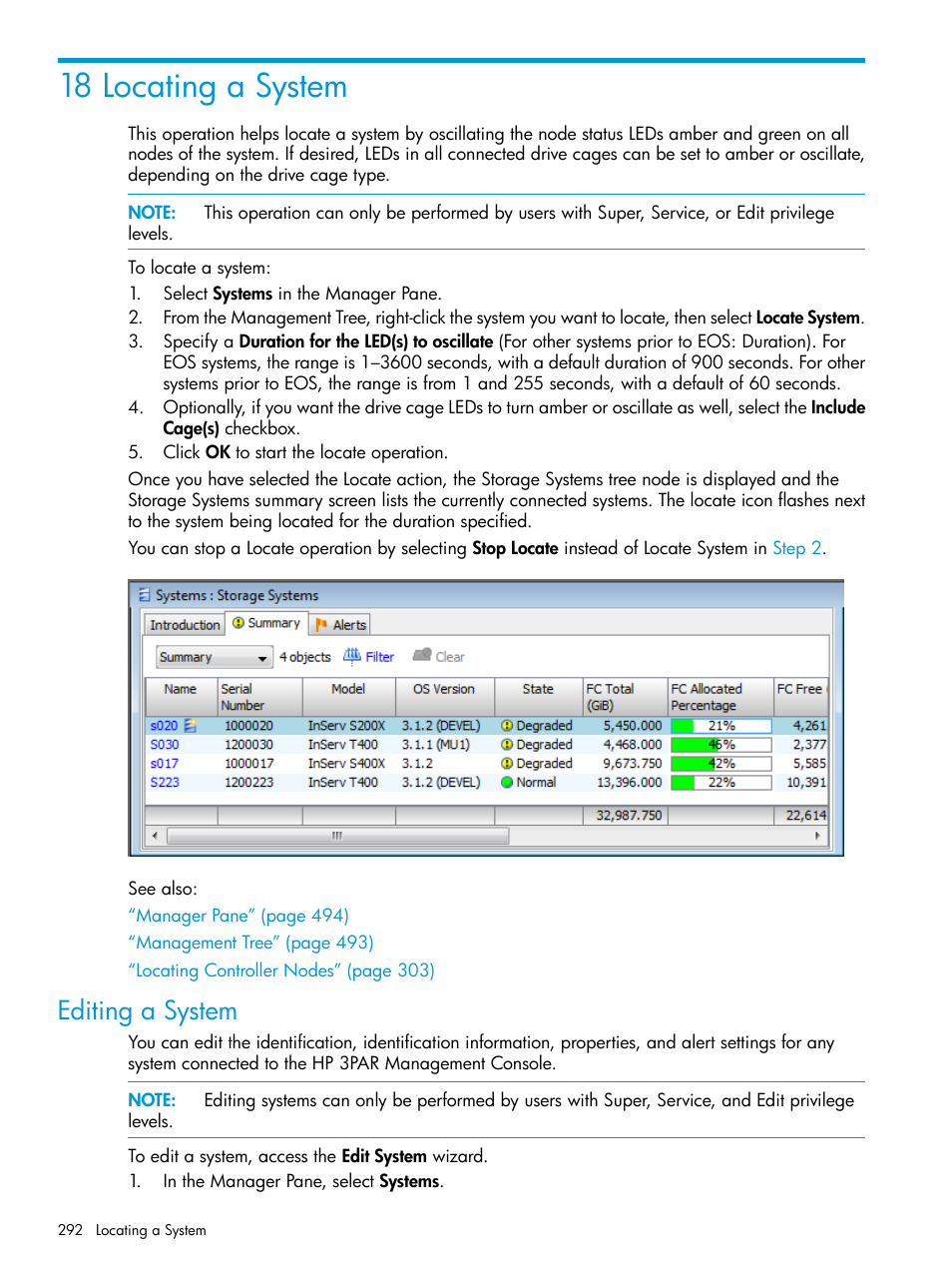 18 locating a system, Editing a system | HP 3PAR Operating System Software User Manual | Page 292 / 524