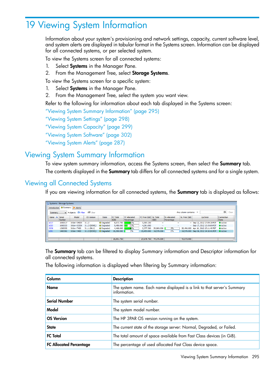 19 viewing system information, Viewing system summary information, Viewing all connected systems | HP 3PAR Operating System Software User Manual | Page 295 / 524