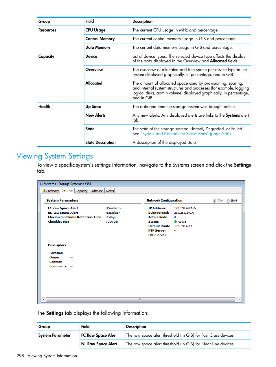 Viewing system settings | HP 3PAR Operating System Software User Manual | Page 298 / 524