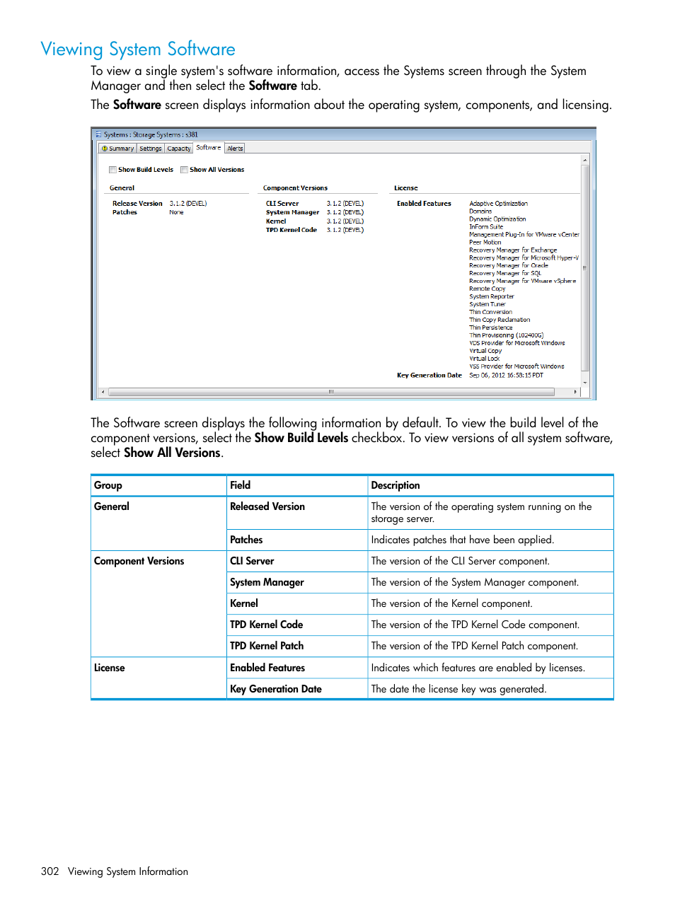 Viewing system software | HP 3PAR Operating System Software User Manual | Page 302 / 524