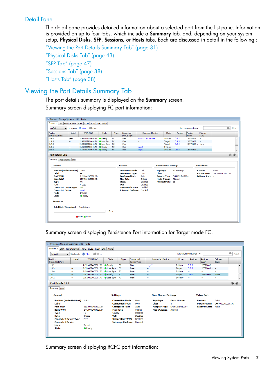 Detail pane, Viewing the port details summary tab | HP 3PAR Operating System Software User Manual | Page 31 / 524