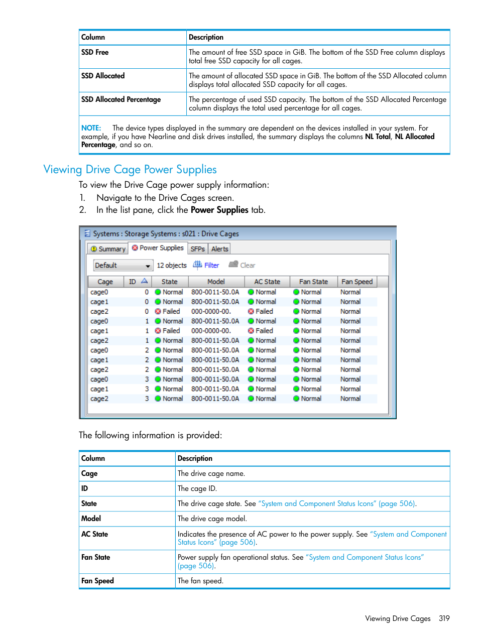 Viewing drive cage power supplies | HP 3PAR Operating System Software User Manual | Page 319 / 524