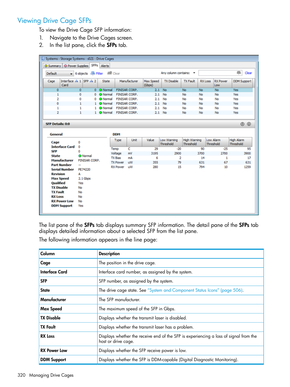 Viewing drive cage sfps | HP 3PAR Operating System Software User Manual | Page 320 / 524