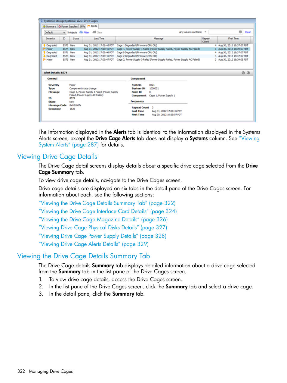 Viewing drive cage details, Viewing the drive cage details summary tab | HP 3PAR Operating System Software User Manual | Page 322 / 524