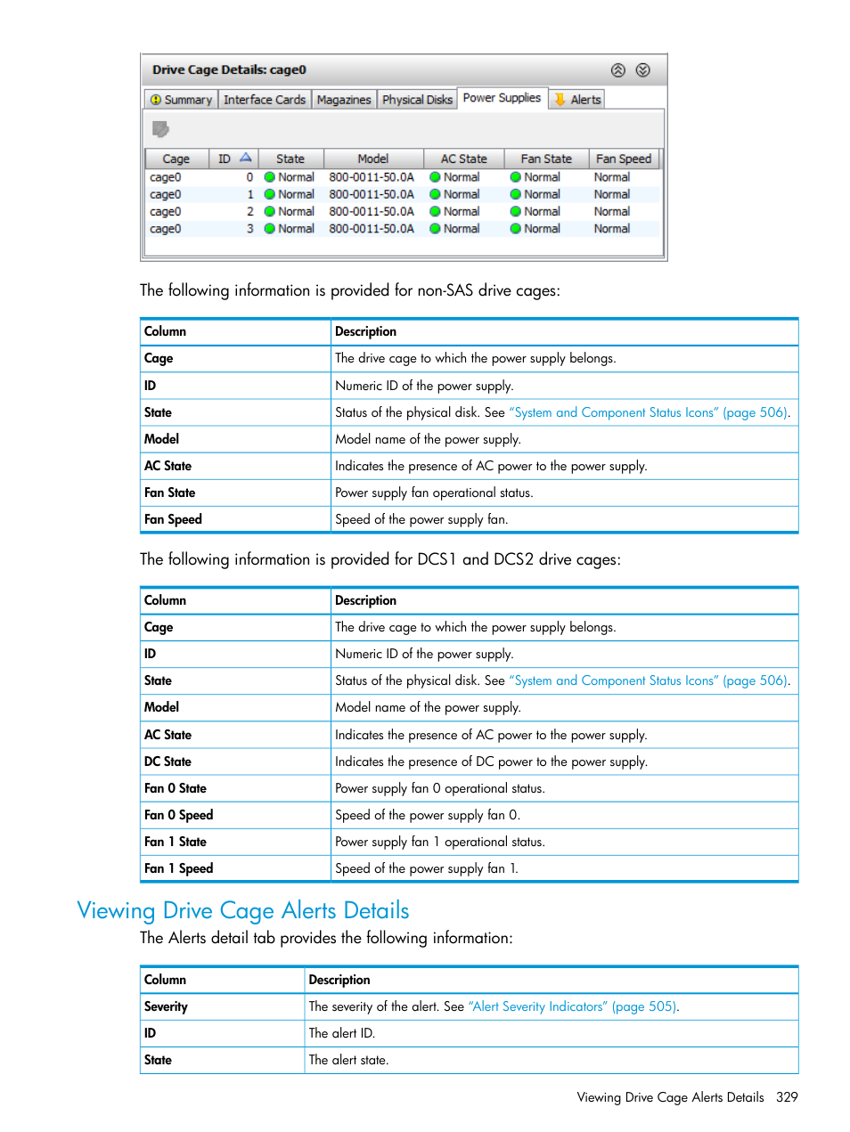 Viewing drive cage alerts details | HP 3PAR Operating System Software User Manual | Page 329 / 524