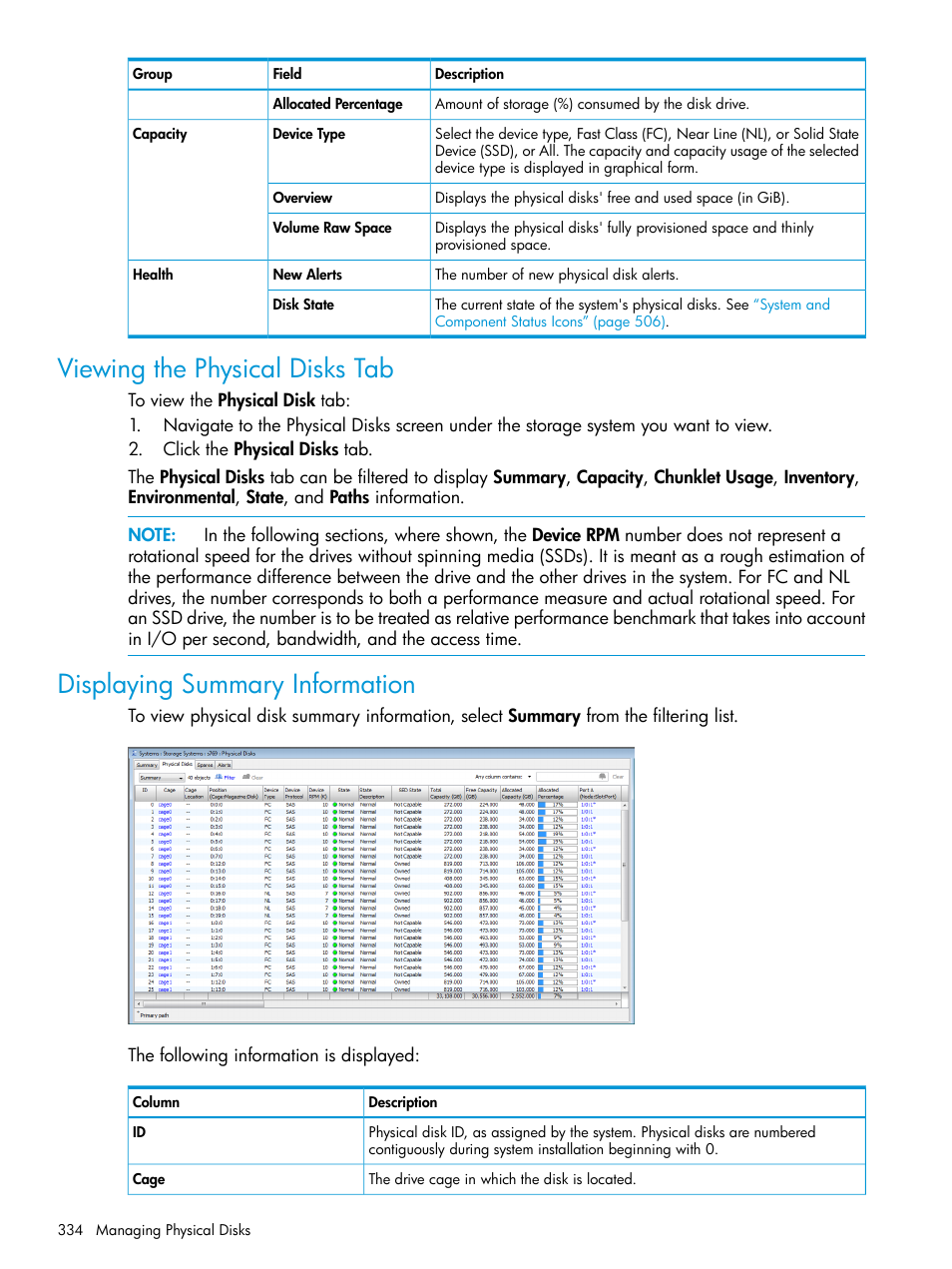 Viewing the physical disks tab, Displaying summary information | HP 3PAR Operating System Software User Manual | Page 334 / 524