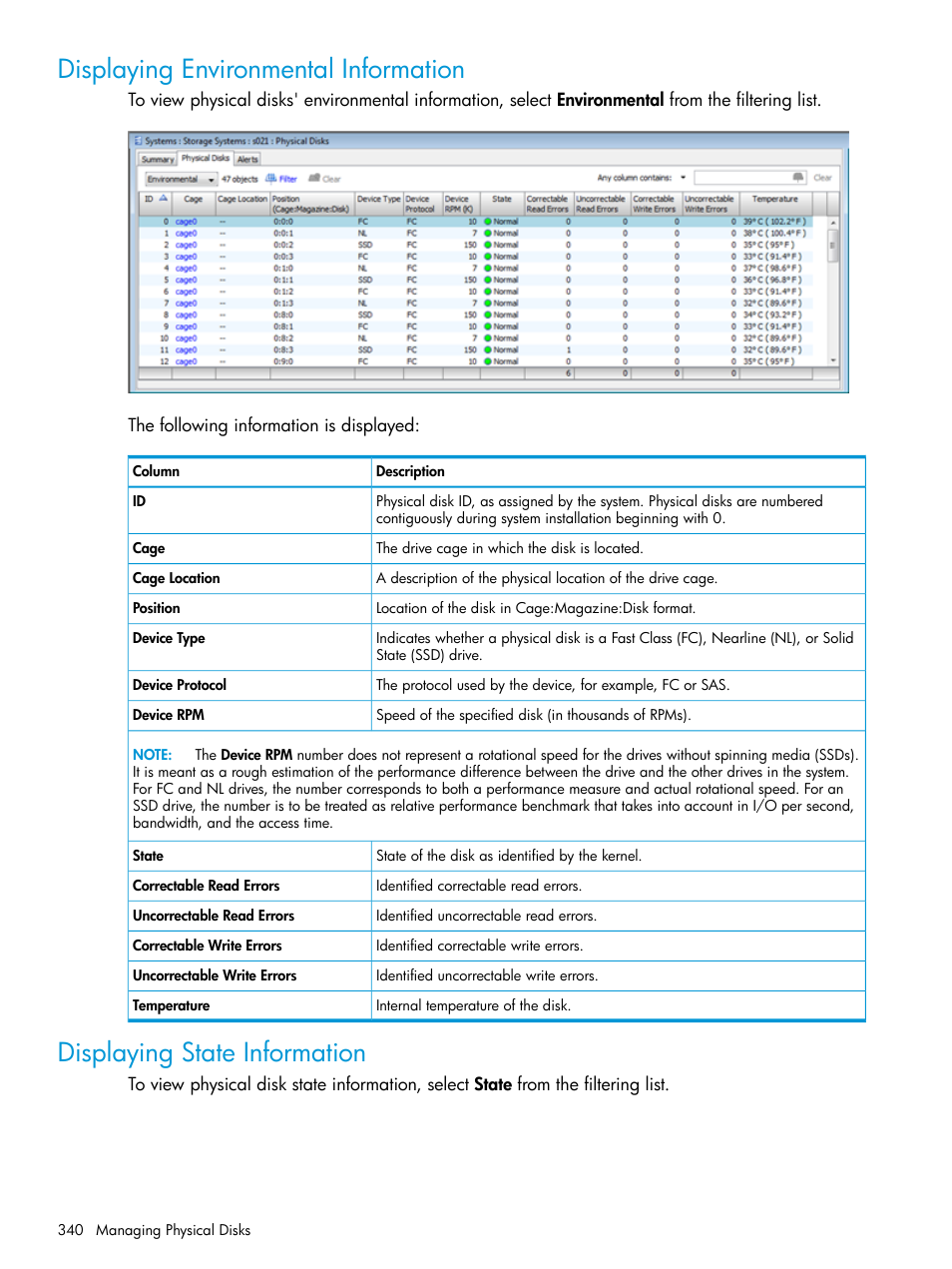 Displaying environmental information, Displaying state information | HP 3PAR Operating System Software User Manual | Page 340 / 524