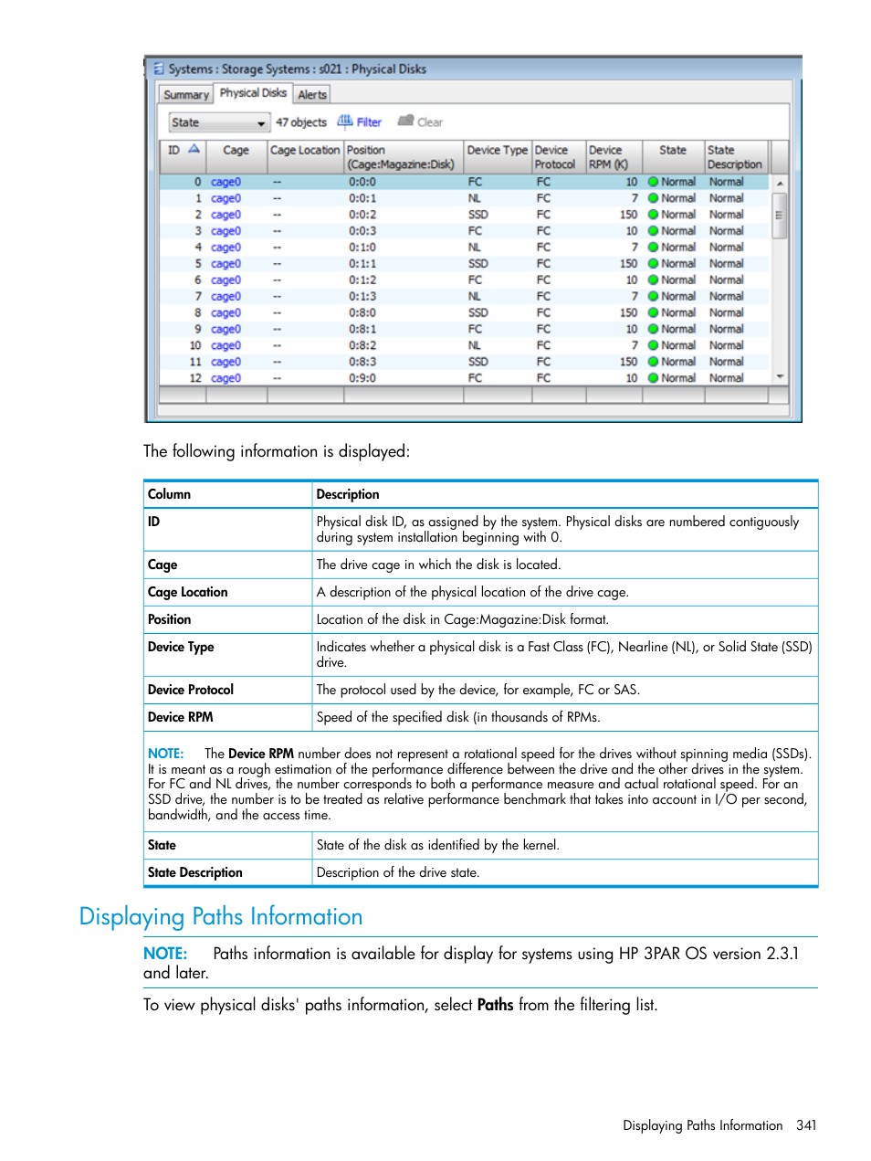 Displaying paths information | HP 3PAR Operating System Software User Manual | Page 341 / 524